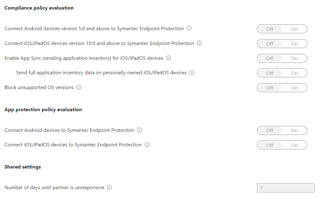 Screen shot example that shows the MDM Compliance Policy Settings for the MDT connector.