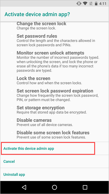 Example image of the Activate device administrator screen, highlighting the activate button.