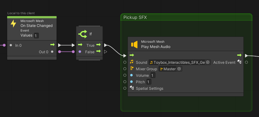 A screen shot of the on state changed, if, and play mesh audio nodes.