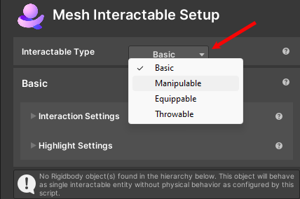 A screen shot of the Object Type menu options in the Mesh Interactable Body component.