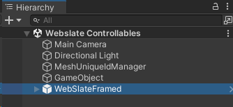 A screen shot of the list of the WebSlateFramed prefab highlighted in the Hierarchy.