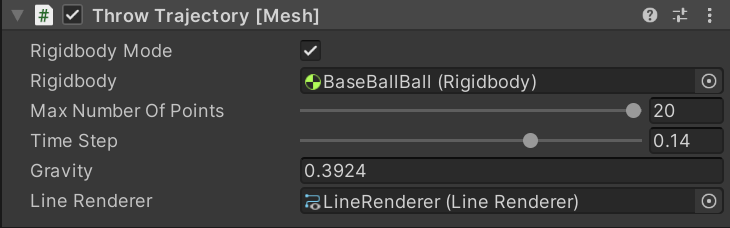 Screen shot of the Throw Trajectory script options in the Inspector.