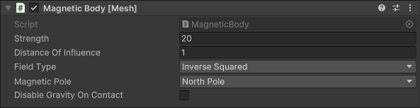 Screen shot of the Magnetic Body script options in the Inspector.