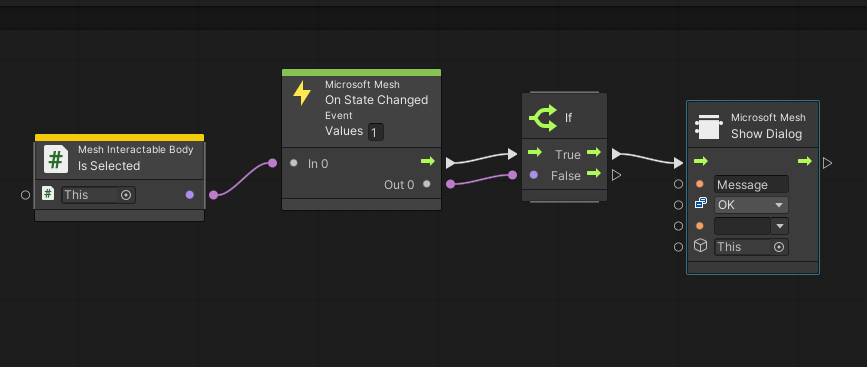 A screen shot showing the if node connect to the new Show Dialog node.