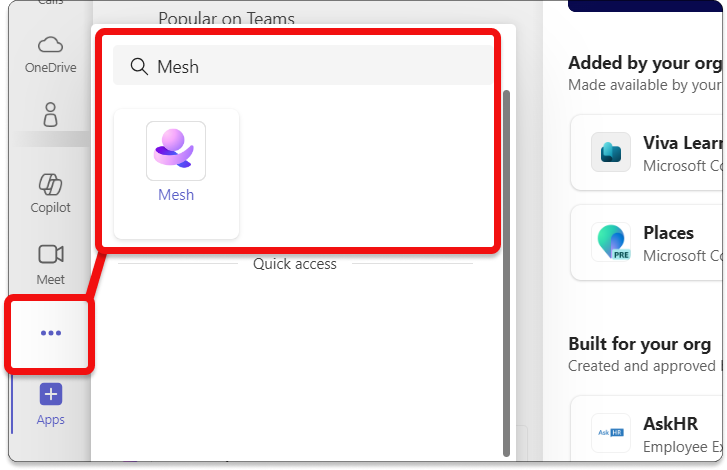 Screenshot of Microsoft Teams showing how to search for the Mesh app in Teams.