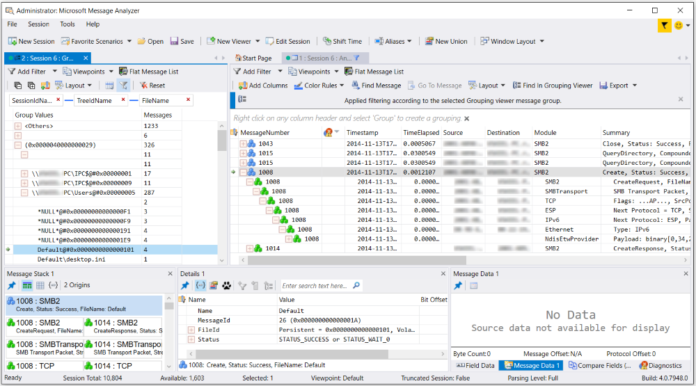 Message Analyzer Grouping viewer selection interactively driving Analysis Grid message display