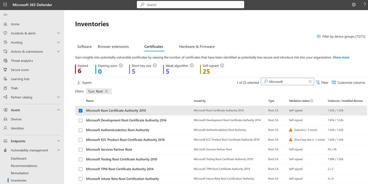 Microsoft Defender inventories page.