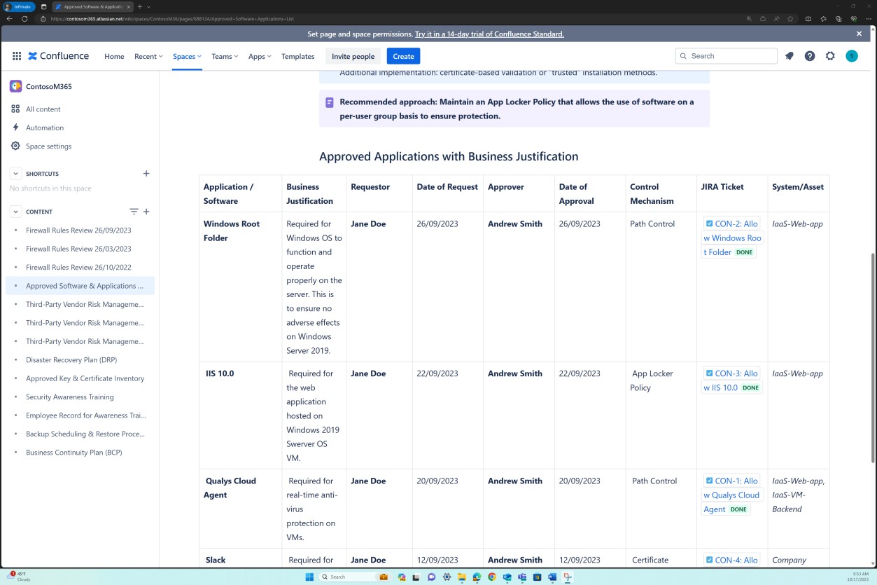 A dashboard showing details for approved software and applications.