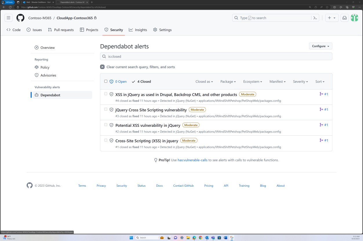 GitHub alerts page.