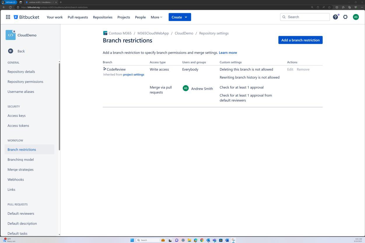 Bitbucket branch policies dashboard.