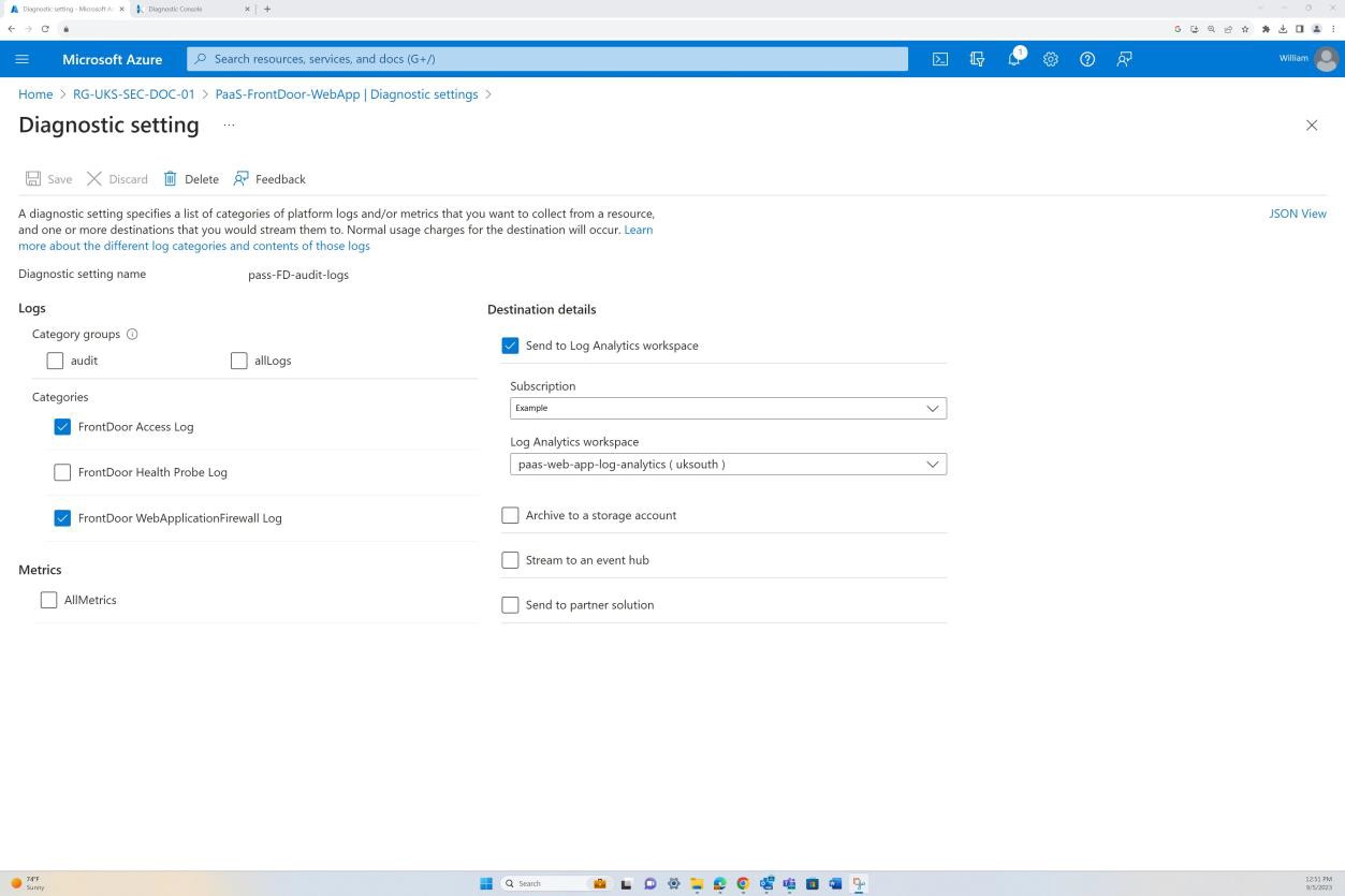 Microsoft Azure app diagnostic settings.