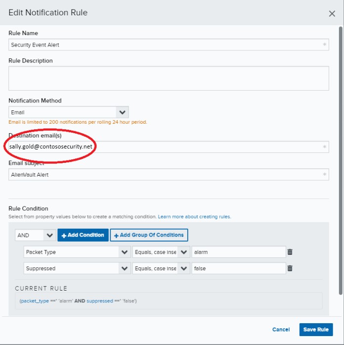 AlienVault edit notification rule settings.