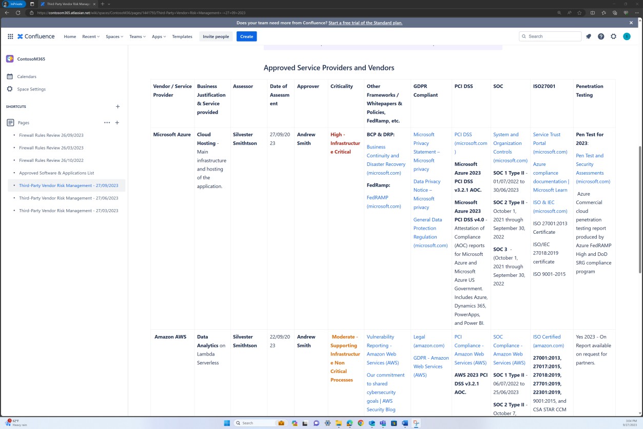 Confluence Third-Party vendor risk management page.