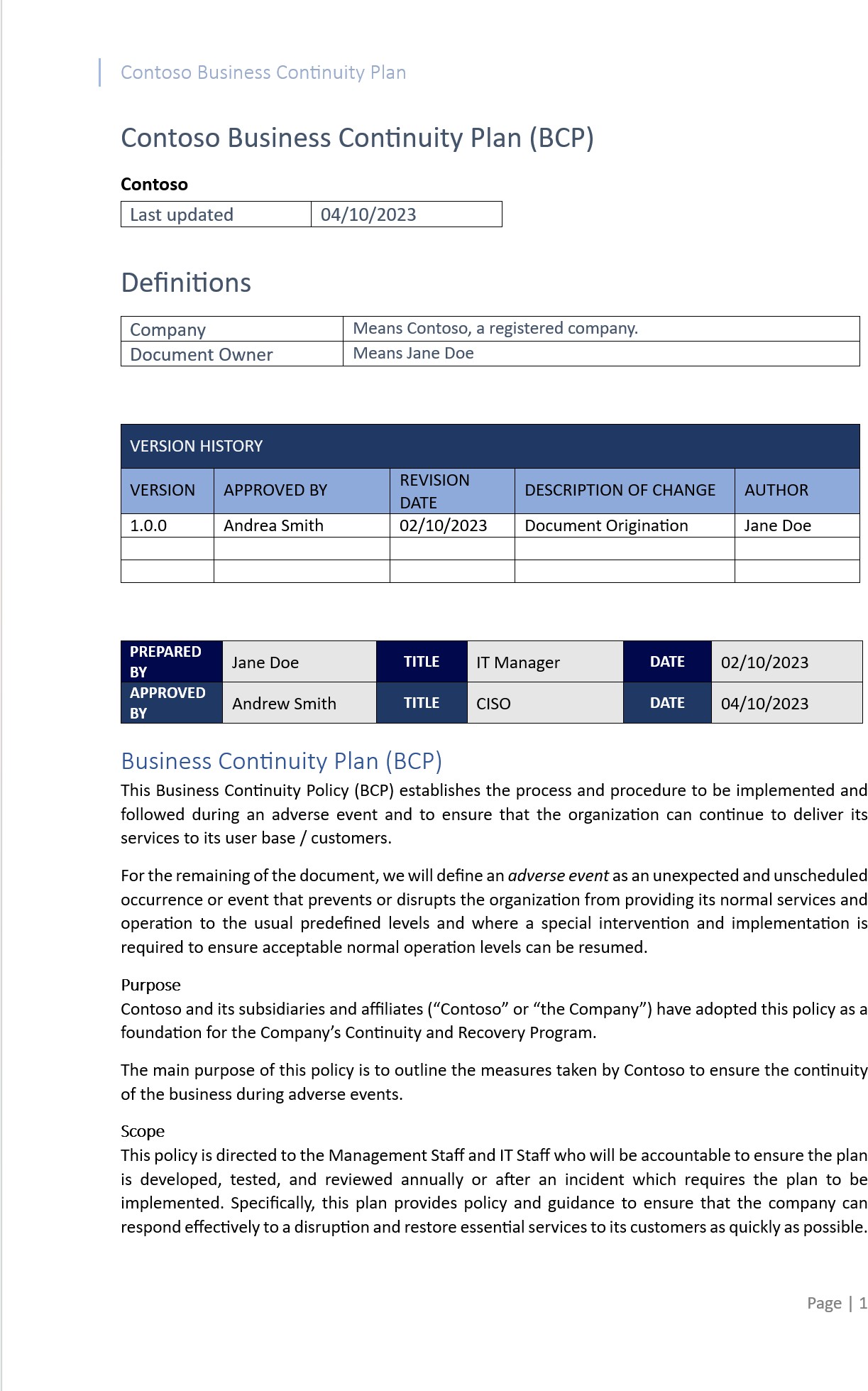 Business continuity plan document.