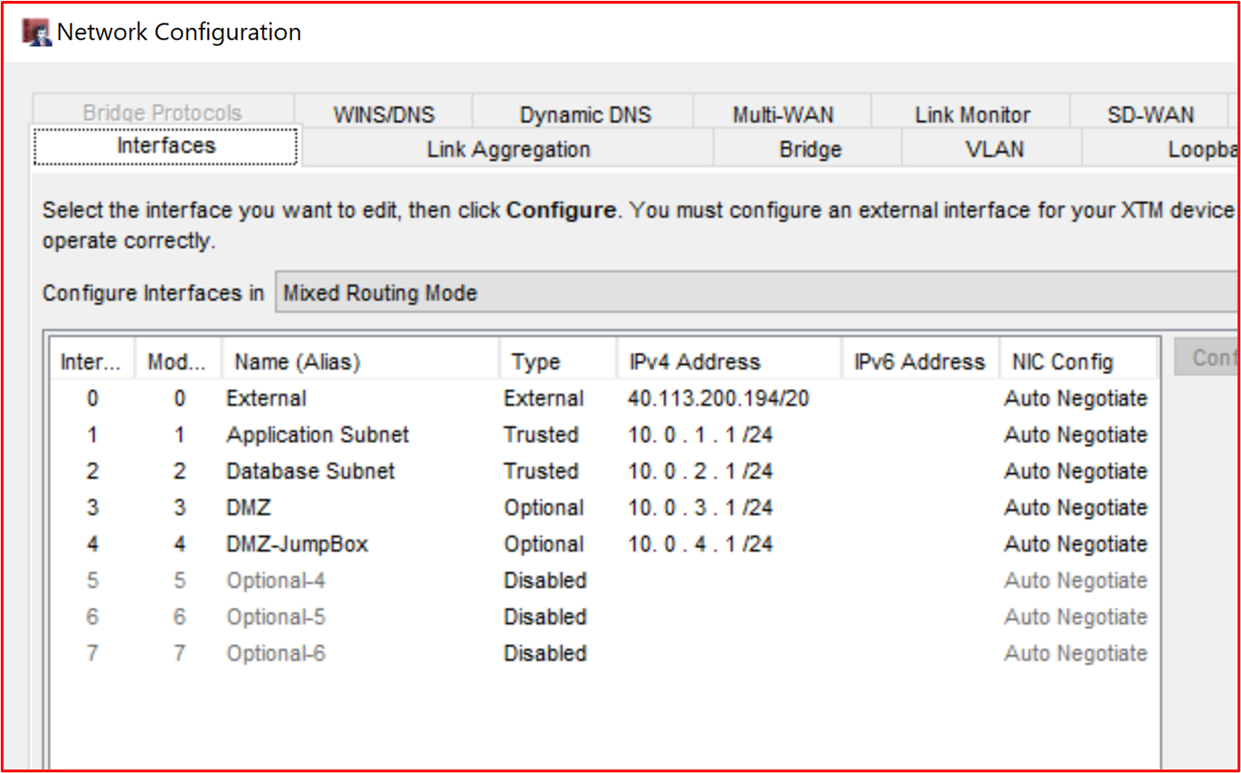 screenshot of a WatchGuard firewall demonstrating two DMZs, one is for the inbound services (named DMZ), the other is serving the jumpbox (Bastian Host).