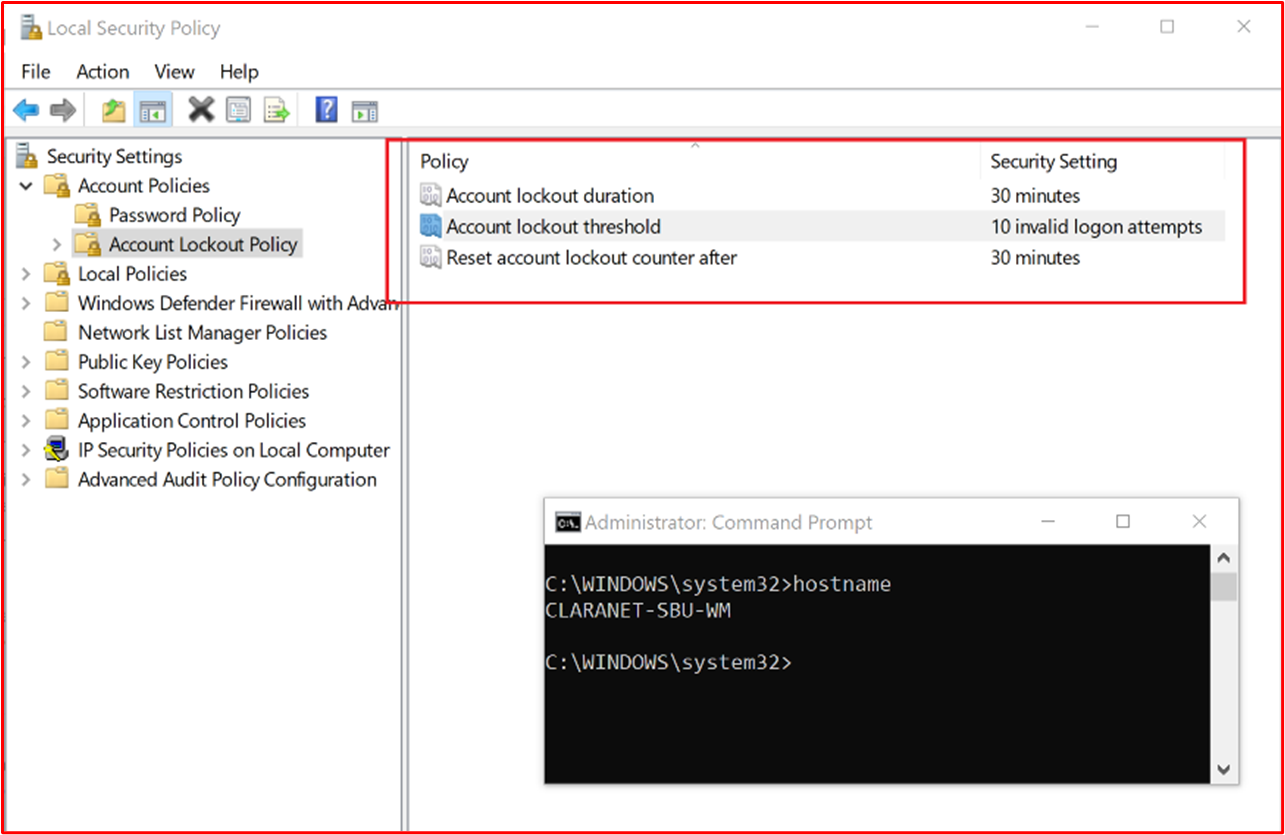 Another example of the password policy configured within the "Local Security Policy" of the in-scope system component "CLARANET-SBU-WM".