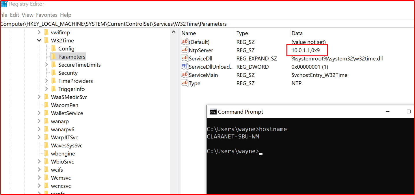 screenshot shows the in-scope system component, "CLARANET-SBU-WM" is configured for NTP to point to the primary server which is the WatchGuard Firewall (10.0.1.1).