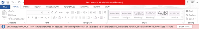 Unlicensed product notification with instructions to close and restart Word, then sign in with an Office 365 account.