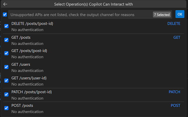 A screenshot of the API selection dialog in Visual Studio code