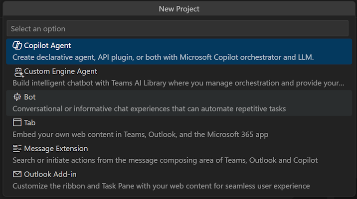 A screenshot of the New Project options with Copilot Agent selected