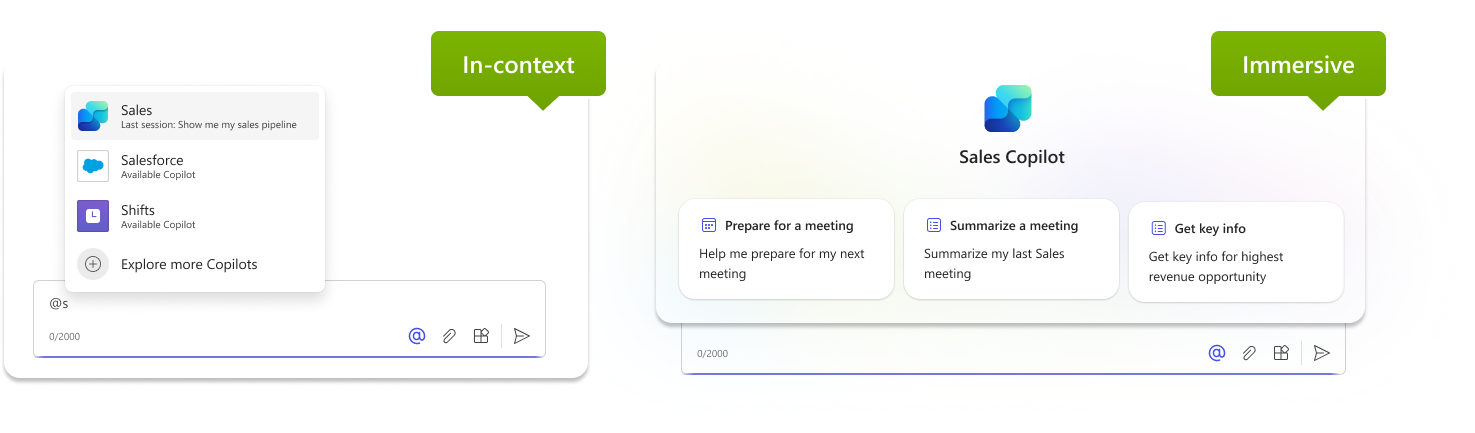 This illustration shows two distinct copilot user experiences, in context and immersive