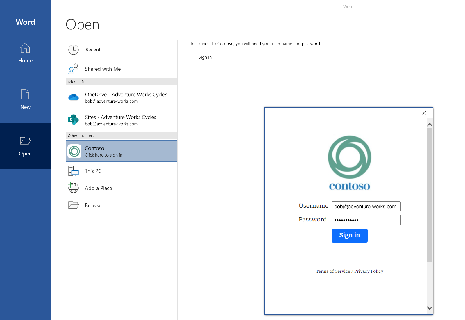 Sign-in prompt after selecting 'Sign in' for an auto-provisioned service