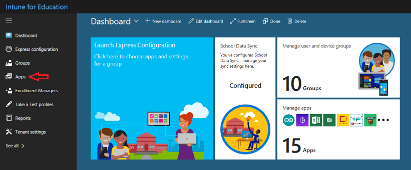 Screenshot of Intune for Education dashboard with Apps buttons highlighted.