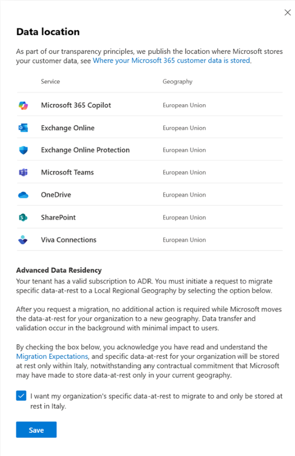 Screenshot of Data Location View Before Migration.