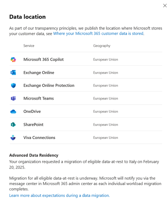 Screenshot of Data Location View Migration Requested.