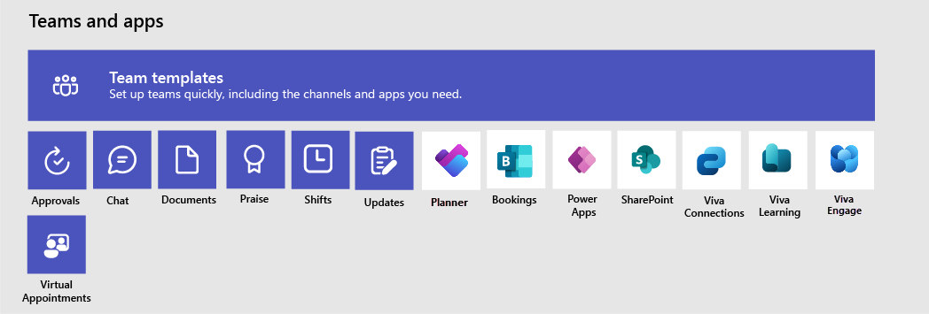 Diagram of teams, team templates and apps that can be included.