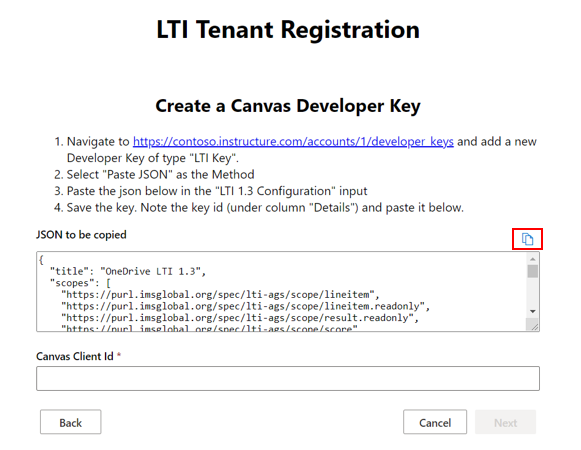 An image showing the copy button that will copy the displayed JSON text and make it available for key generation in Canvas.