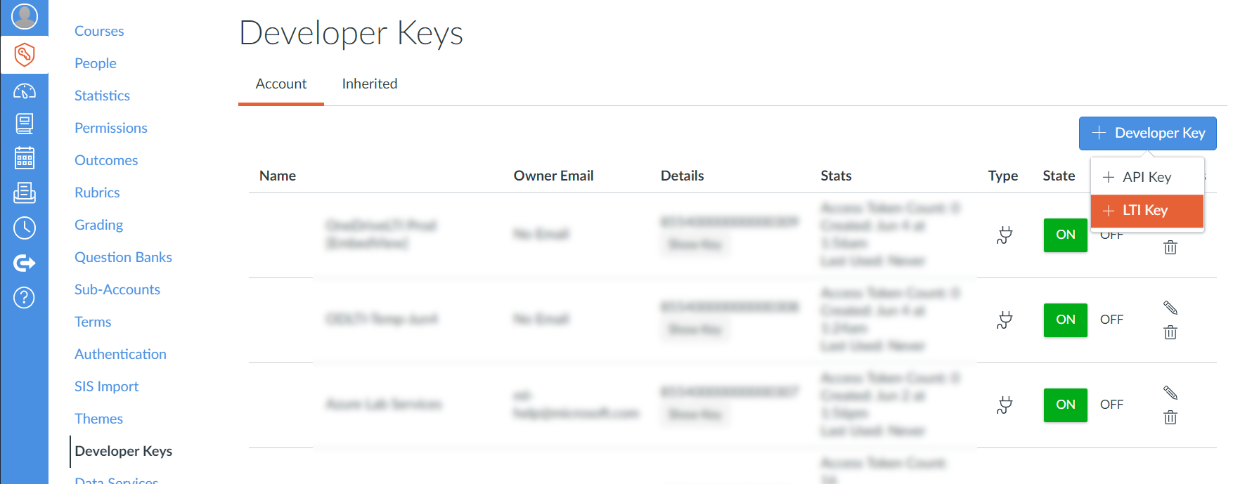 A screenshot showing the left-hand navigation bar with Developer Keys selected, and the LTI key entry selected from a dropdown on the right of the page.