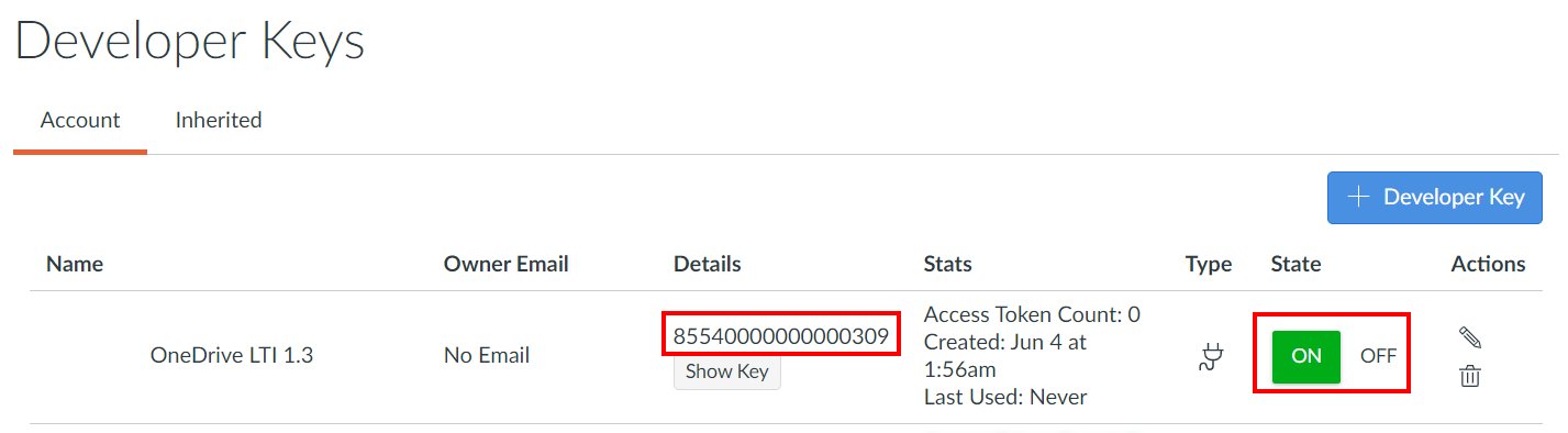 The Canvas page with the key set in an off state. It will need to be turned on and the key will need to be copied from the details column on this page.