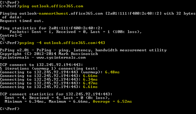 Screen shot that shows a ping resolving outlook.office365.com, and a PSPing with the 443 doing the same, but also reporting a 6.5ms average RTT.