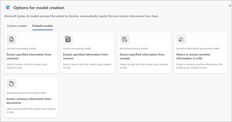 Screenshot showing the Prebuilt models section on the Options for model creation page.