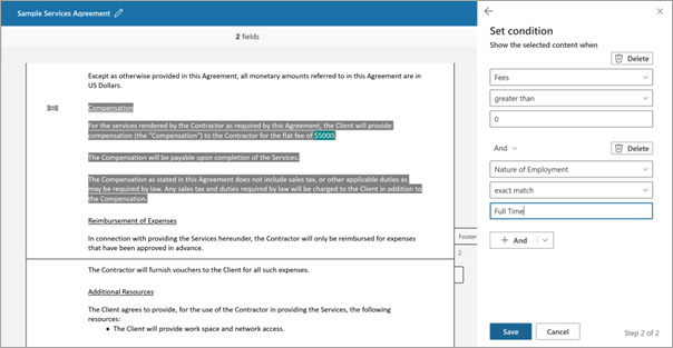 Screenshot of the Set condition panel and template document for the second condition.