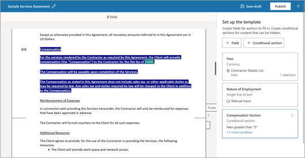 Screenshot of the Set up the template panel and template document showing the conditions.