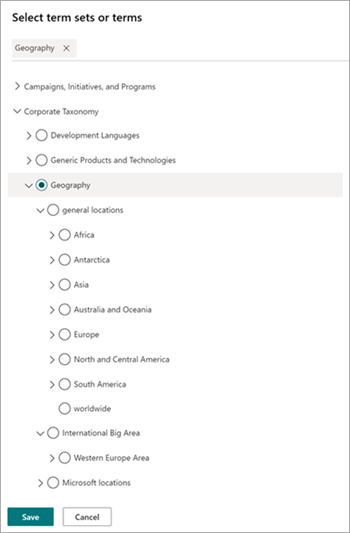 Screenshot of the Select term sets or terms page.