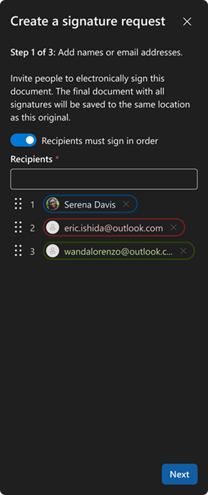 Screenshot of the Add recipients panel.