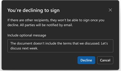 Screenshot of the document viewer showing the You're declining to sign screen.