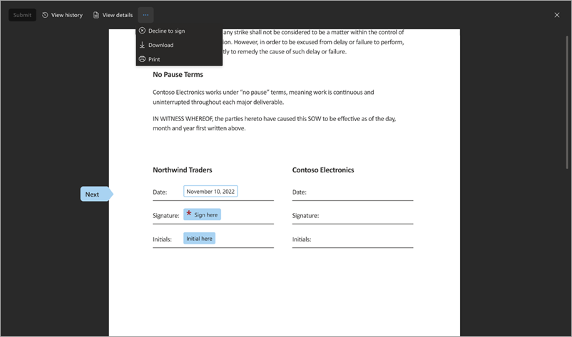 Screenshot of the document viewer showing the Decline to sign button.