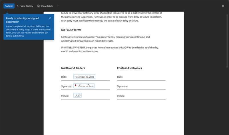 Screenshot of the completed document showing the Submit button.