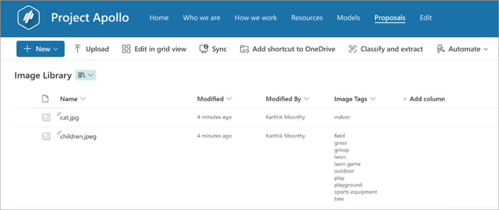 Screenshot of the library view showing the Image Tags column.