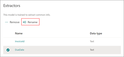 Screenshot of the Extractors section with the Rename option highlighted.