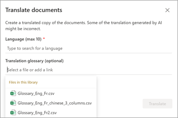 Screenshot showing the Translate documents screen with translation glossary options.