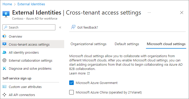 Screenshot showing Microsoft cloud settings.