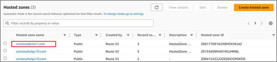 Screenshot of Hosted zones where you select the Domain name for the domain verification TXT record.