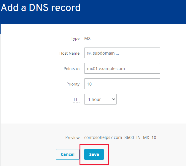 Screenshot of where you select Save to add an MX record.