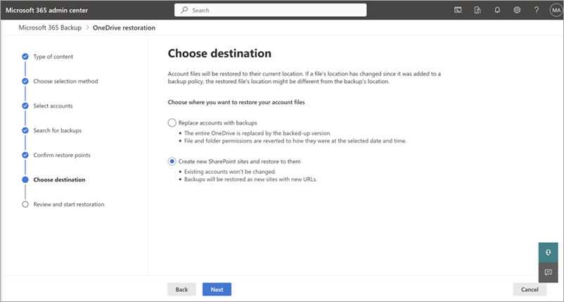 Screenshot showing the Select destination page and options for OneDrive.