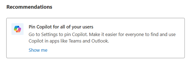 Screenshot showing the pop-up message to pin Copilot for all users.